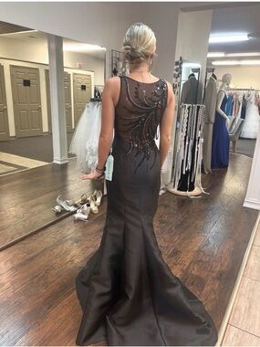 Elegant Black Beaded Mesh Back Evening Gown Elizabeth K